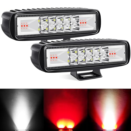 SUFEMOTEC 6 Inch Slim Led Light Bars, White & Red Strobe Brake Lights Waterproof Offroad Backing Light For Truck Car Golf Cart Boat 12V 24V Driving Fog Lights (2 Pack)