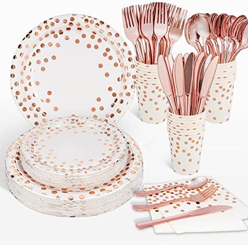 Radosnya Rose Gold Party Supplies, Rose Gold Birthday Plates, Serves 16, Paper Plates and Napkins, Cups, Sturdy Silverware Set Included for Bachelorette, Sweet 16 Girls Party Decorations