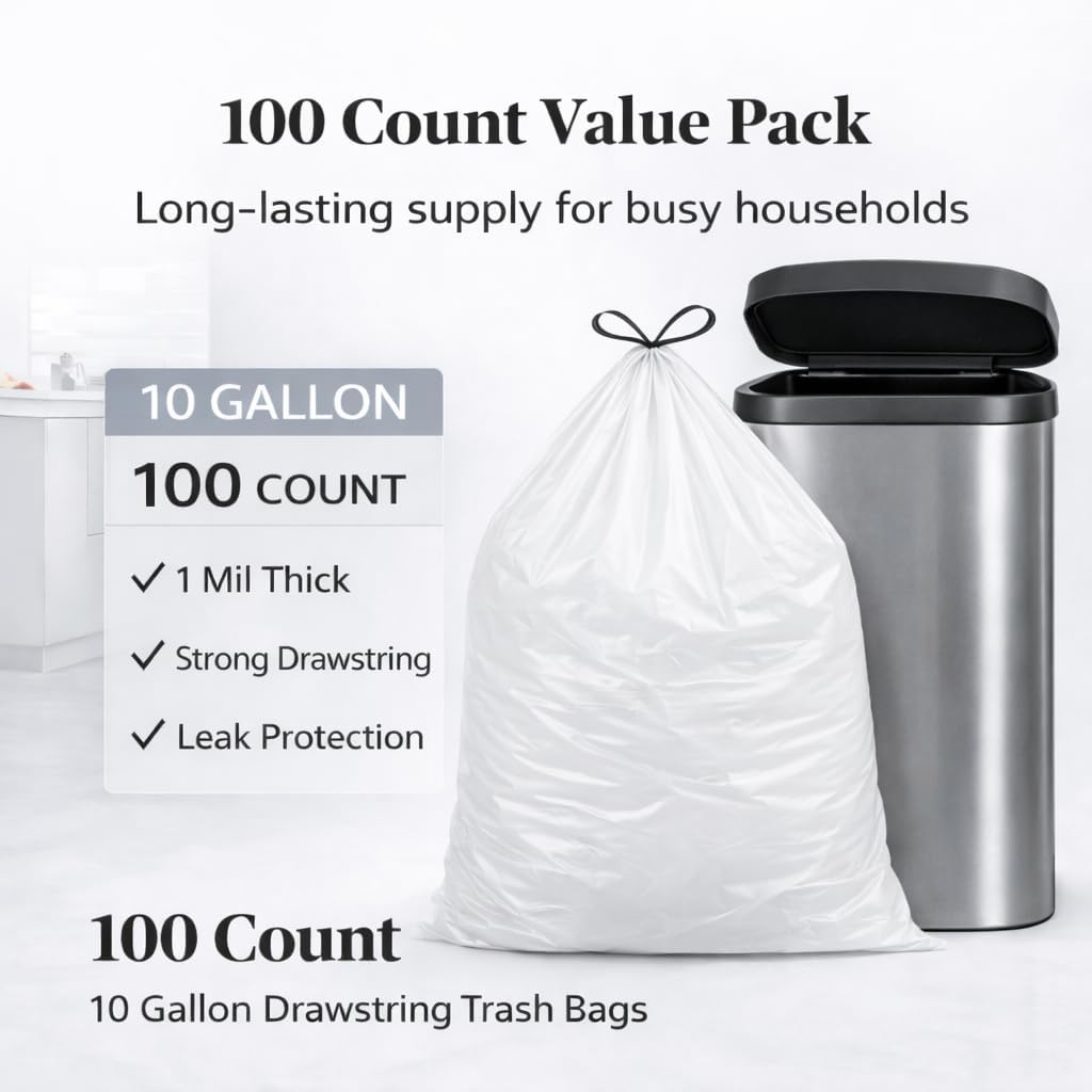 10 Gallon Drawstring Trash Bags, 100 Count, 1 Mil Extra Strong White Medium Garbage Bags, Unscented Trash Liners for 30L-40L (8-10 Gal) Cans, for Household use