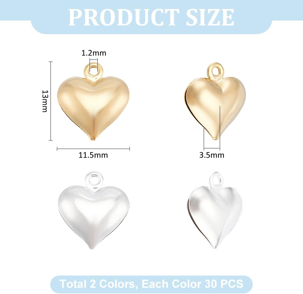 UNICRAFTALE 60Pc 2 Colors 24K Gold Plated Heart Charms Small Puffed Heart Pendants 3D Heart Dangle Charms Heart Pendants for Necklace Bracelet Earrings Jewelry Making - Image 2