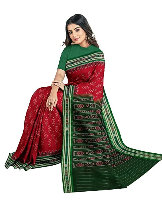 Image of NUAPATANAPATA Odisha Sambalpuri Handloom Women's Cotton Saree - Sambalpuri Handmade Pure Cotton Khandua Natural Cotton Ikat - Red Green, 5.5 Meters