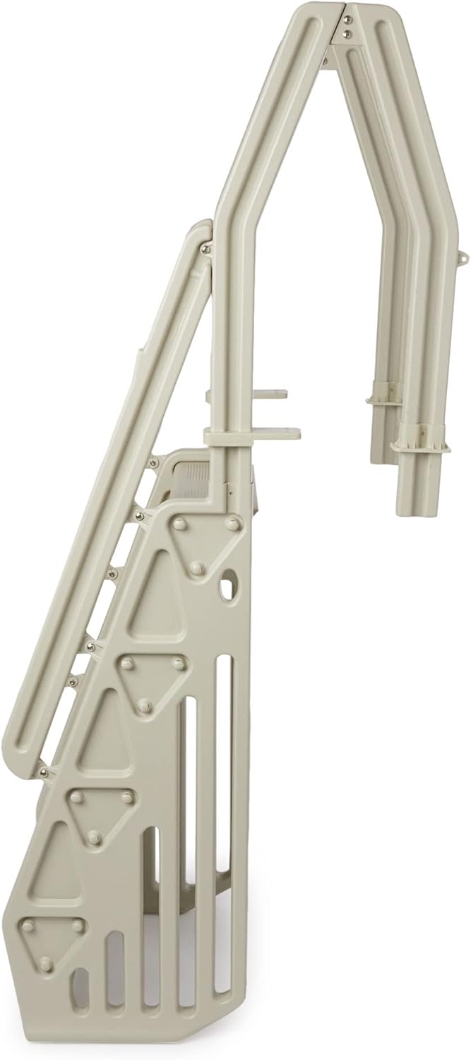 Vinyl Works Deluxe Adjustable 24 Inch Wide in Pool Step Ladder Entry System for Above Ground Swimming Pools with Non Slip Steps, Taupe