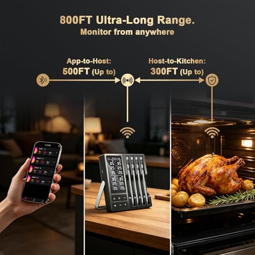 Image of Wireless Meat Thermometer Digital - 800FT Bluetooth Food Thermometer for Cooking, NIST Certified Accuracy, Instant Read Thermometer Standalone Base for Grill BBQ Oven Smoker (Black)