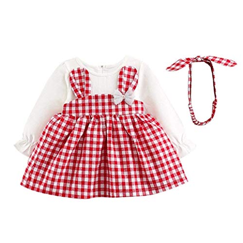 Baby Girl Dress Sets Toddler Infant Girl Plaid Long Sleeve Princess Dress+Headband Outfits(0-6M Red)