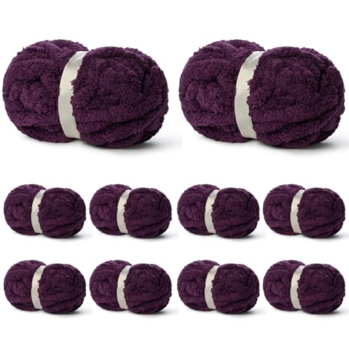 10 Pack of Deep Purple Soft Jumbo Chunky Yarn for Hand Knitting Thick Blanket Yarn for Crocheting #10 Super Bulky Yarns 220yds/70.5oz Fluffy Chunky Chenille Yarns for Crocheting.
