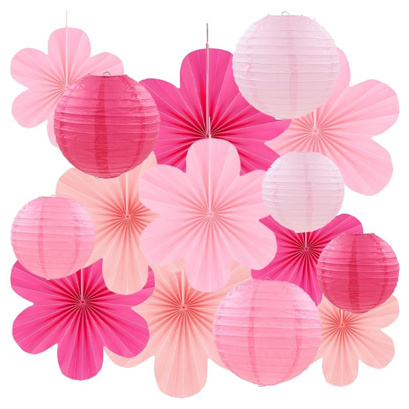 15 Pcs Pink Party Decoration Set Hanging Pink Paper Lanterns Paper Fans for Girl Women Birthday Bridal Shower Baby Shower Party Decorations