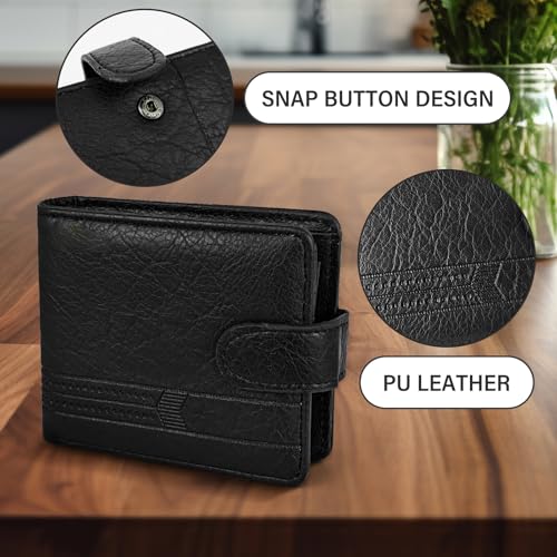 Wallet for Men, PU Leather Wallet Minimalist Bifold Wallet with Coin Pocket ID Window 5 Card Slot 2 Cash Slot (Black)4