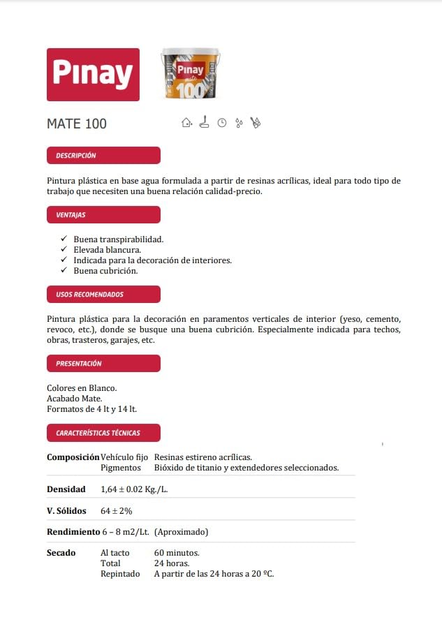 PINTURA MATE 100 PINAY - PINTURA PLASTICA DE USO INTERIOR - ACABADO SEDOSO - ELEVADA CUBRICION (14 L)