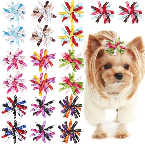 Yxiang 20PCS Cute Puppy Bows with Rubber Band - Colored Polka Dot Dog Hair Accessories for Small Dogs