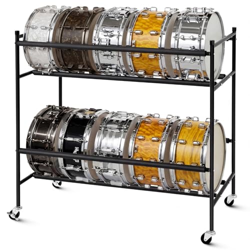 Otoolling Two-tier Snare Rack with Locking Casters Snares Stand Drum Holder Display Storage for Holding up to 10 Snare Drums, 38.25 x 16.5 x 34.5 Inch