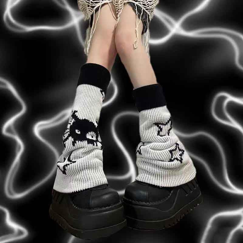 BXCNCKD Gothic Skull Print Two Side Wear Knitted Leg Warmers Socks Y2k Star Punk Girls Japanese Kawaii Streetwear Leg Cover2