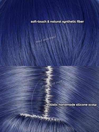 Image of Half and Half Short Dark Blue Anime Cosplay Wig for Men Deep Blue Virtual Singer Male Costume Wigs with Bangs for Women Unisex Halloween Party