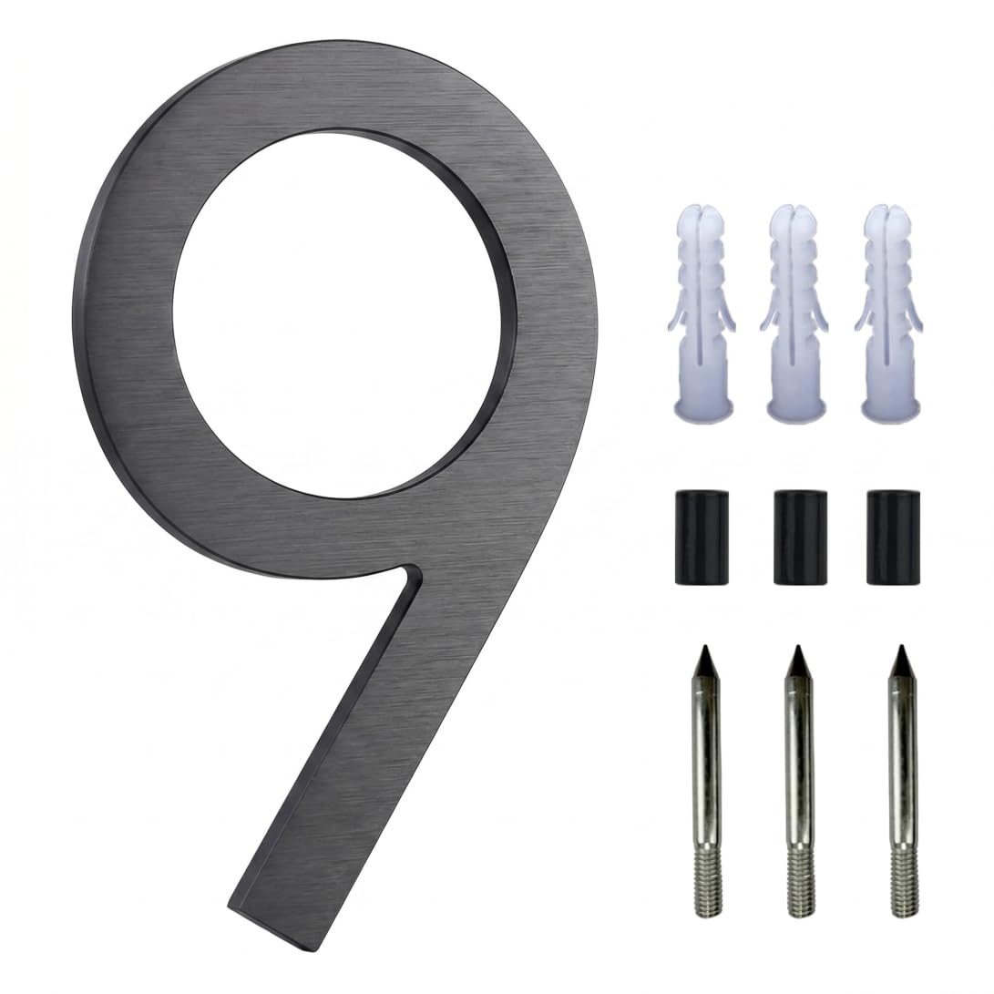 Floating House Number, 5 Inch Aluminum Outdoor House Numbers with Accessories Mailbox & Address Number, Black, 9 Outdoor Numbers Address