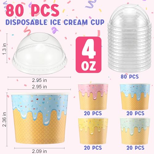 Image of Jingmore 80 Count Paper Ice Cream Cups with Clear Dome Lids Disposable Dessert Cups Bulk Dessert Bowls Sundae Containers for Snack Yogurt Soup Birthday Ice Cream Party Supplies (4 oz)