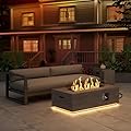 Sunpeak Rectangular Propane Fire Pit Table with LED Lights – 42” Outdoor Gas Fire Table Top for Patio Fireplace, Includes Lid, Glass Rocks, Wind Guard & Cover (Grey with LED Golden Light)