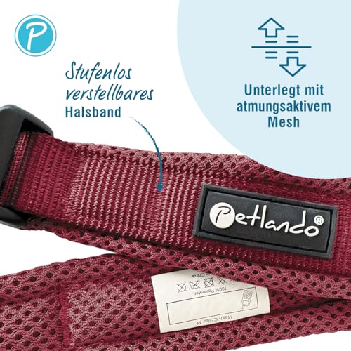 Petlando Mesh Hundehalsband – leicht, atmungsaktiv, weich mit Mesh gepolstert, stufenlos verstellbar, robust & strapazierfähig mit O-Ring – Halsband Hund M 45-50cm, Bordeaux