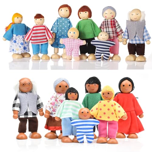 Jzszera 15 Pcs Wooden Dollhouse People with Movable Limbs Doll House Family Figures for Educational Pretend Play