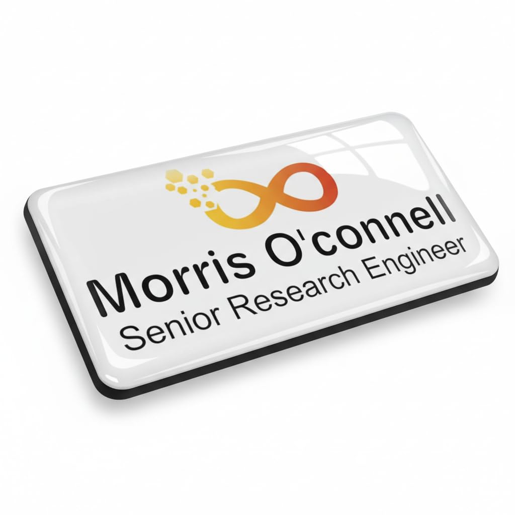 Badgemaster Large Your Logo Personalised Professional Name Badge Premium Domed White Black 76 x 38mm