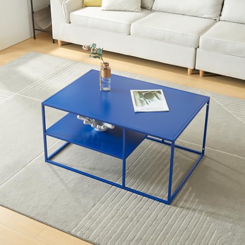 [en.casa] Mesa de Centro Solund con Estante Mesa Auxiliar Rectangular Estante Inferior para Salón Resistencia Acero 45 x 90 x 60 cm - Azul Marino