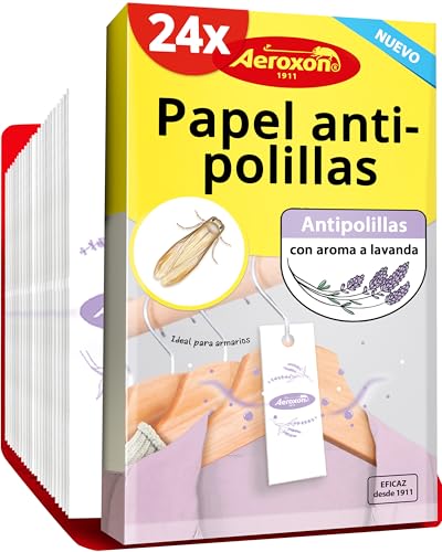 AEROXON Antipolillas para Ropa Armario - 24 Papeles Antipolillas - Protección eficaz Antipolillas Lavanda para Armarios, Ropa y Textiles hasta 3 Meses