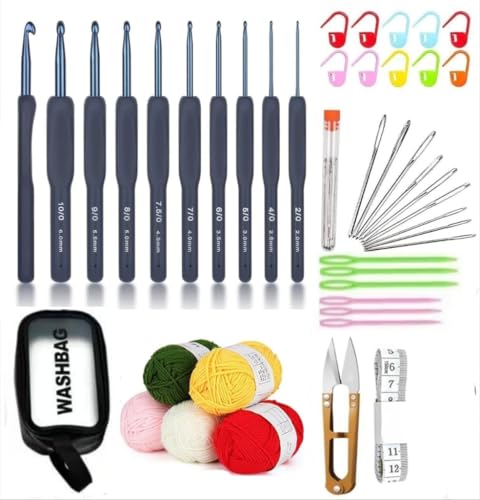 Image of VIRADHAM Crochet Hook Set Ergonomic Soft Grip, Aluminum Crochet Needles Kit with Yarn, Stitch Markers, Needles & Case - Comfort Hooks for Beginners, Professionals & Arthritic Hands (Black Hook mkit)