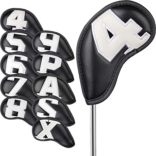 Craftsman Golf 10pcs (4 5 6 7 8 9 P A S X) Black with White Large Leather No. Golf Iron Headcovers Set Magnetic Closure Extended Version