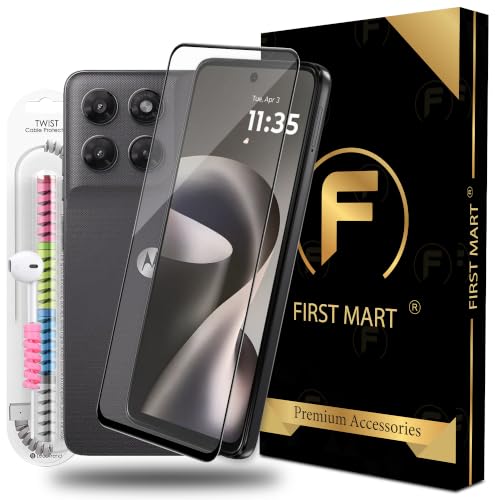 Image of FIRST MART Tempered Glass for Motorola G37 Power and Moto G37, 9H 0.3 mm Full-Glue Screen Protector with Cable Protector, 3D Edge-to-Edge, HD Clear, Case-Friendly, Black, Pack of 1