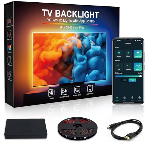 Beaeet Kit Retroilluminazione LED TV 3,8 m con HDMI Sync Box Inclusa, Striscia RGBICW Dinamica 4K, Controllo App/Vocale, per Schermi 55–65', Richiede Sorgente HDMI Esterna