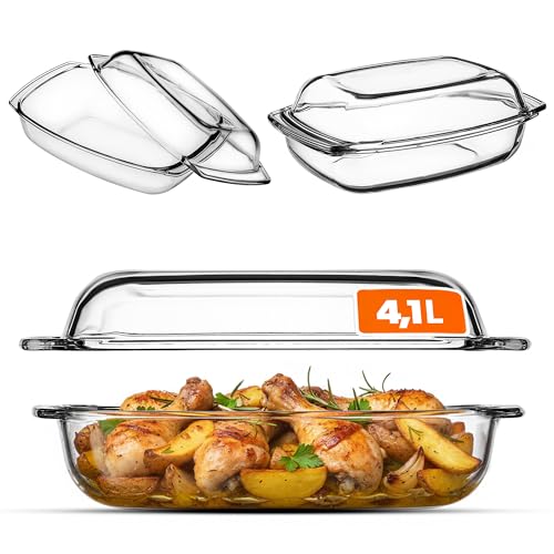 KADAX Fuente de horno, Cacerola con Tapa, Fuente de Cristal para asar, Lasaña, con Mangos, Bandeja de Cocina de Vidrio, transparente Aptas para Nevera y Congelador (rectangular, 4,1 L)