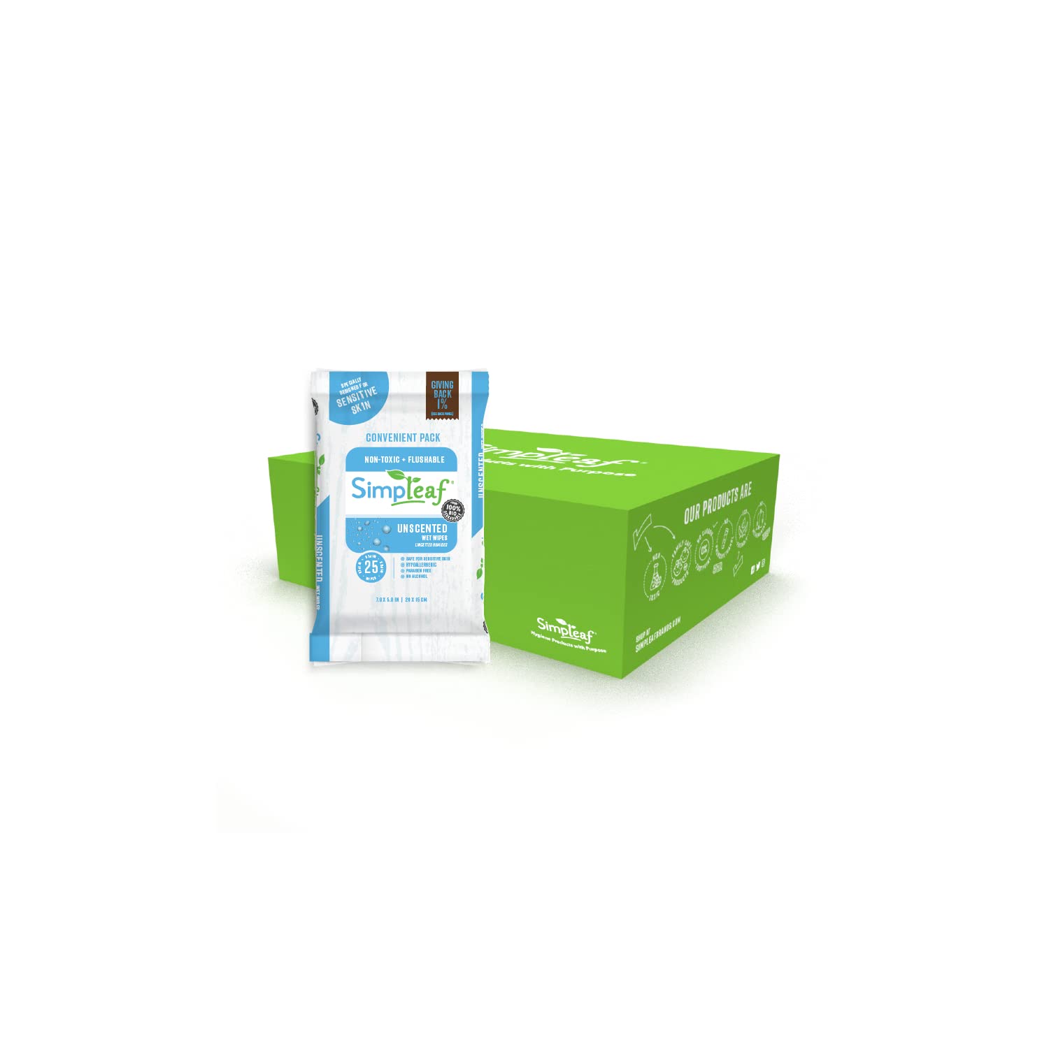 Simpleaf Salviette umidificate lavabili, ecologiche, prive di parabeni e alcool, ipoallergeniche e sicure per pelli sensibili, formula di aloe vera inodore (25 pezzi), 16 confezioni, grandi