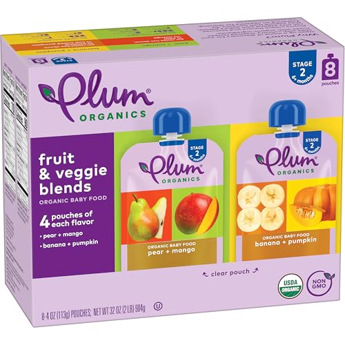 Plum Organics Stage 2 Organic Baby Food – Variety Pack – 4 oz Pouch (Pack of 8) – Fruit and Veggie Baby Food Pouch
