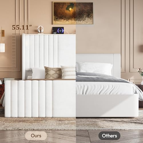 Uteeran 55" Tall King Size Platform Bed Frame with 2 Reading Lights, Cream - Image 8