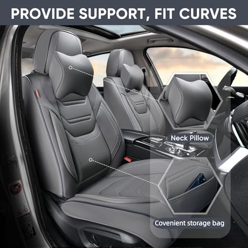 Image of TIEHESYT Leather Seat Covers Front Pair with Lumbar Support & Headrest, Breathable and Waterproof Car Seat Cover, Universal Seat Covers for Cars, Trucks, SUVs, Airbag Compatible, Gray