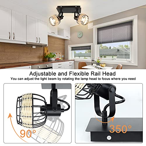 Image of DLLT Vintage LED Track Lighting Kit, 2 Lights Rattan Caged Wall Light Fixture, Industrial Track Ceiling Spotlight for Bedroom Cloakroom Hallway Entryway Balcony Porch