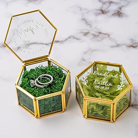 Custom Vintage Jewelry Glass Box, Wedding Ring Box, Jewelry Display Holder for Rings Golden, Geometric Ring Bearer Box For Proposal Wedding Engagement Cover