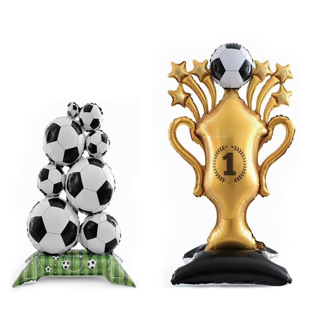 2 Pack Giant Soccer Trophy and Ball Balloons Set, Gold Championship Trophy and Soccer Ball Stack Decorations