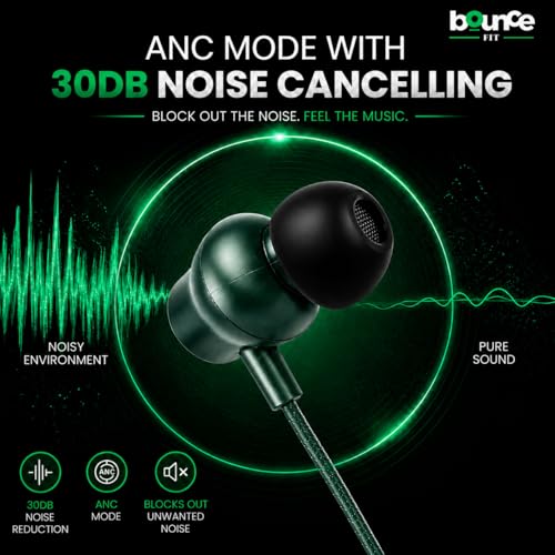 Image of Bouncefit Sonic 144 Bluetooth Wireless Neckband, 35H Continuous Playback Battery, Deep Bass, Stereo Sound, HD Calls, Type C Fast Charging, Rich Audio, Bluetooth Neckband with Mic Earphones (Green)