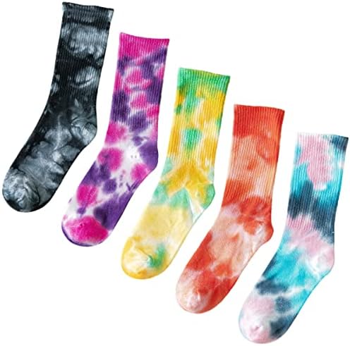 Women’s Calf Socks 5 Pairs Tie-Dye Mix Colorful Breathable Performance Knit Cotton Socks for Shoes Size 6-11