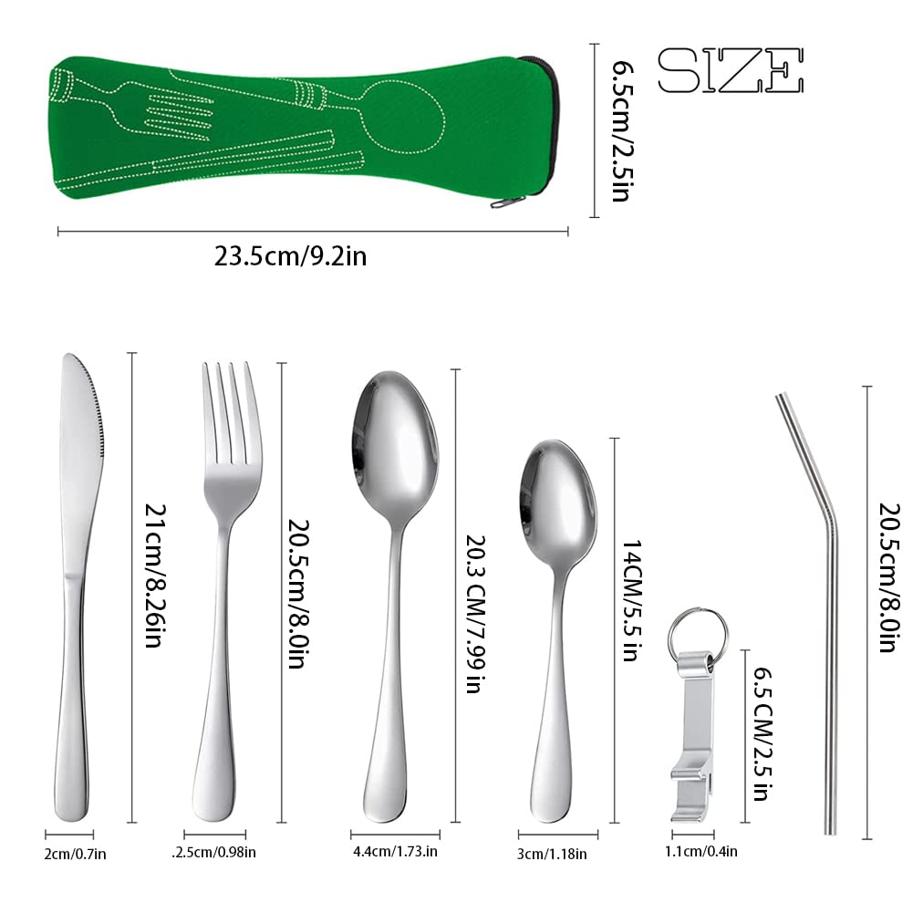 Set Posate da Viaggio 6 Pezzi,304 di Posate in Acciaio Inossidabile Nucleo da Pranzo Con Coltelli, Forchetta,Cucchiaio,Apri Bottiglia,Cannucce Neoprene Borsa per Picnic Scuola da All'aperto(Verde)