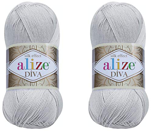 Alize Diva Yarn 100% Microfiber Acrylic Yarn, 2 Skeins of 200gr, 767 Yds, Light Grey