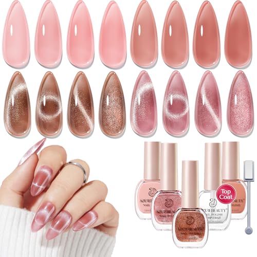 AZUREBEAUTY Cat Eye Nail Polish Set, 4 Colors Magnetic Nude Jelly Glitter Quick Air Dry Non Gel Natural Fingernail Lacquer Strengthening Treatment Kit with Top Coat DIY Salon at Home