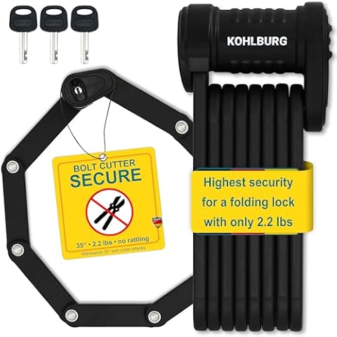 KOHLBURG Security Folding Lock only 2.2 lbs - 35" Foldable Bicycle Lock - German Security Standard - Very Secure Folding Bike Lock - Compact Heavy Duty Bike Lock with Keys & Bracket for e Bike Scooter Cover