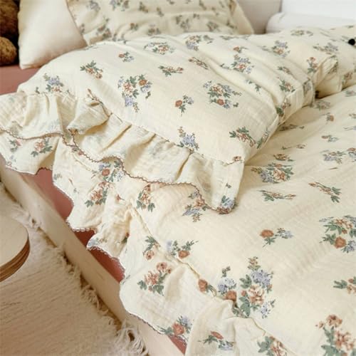 Image of VM VOUGEMARKET 100% Muslin Cotton Duvet Cover Set Twin for Teen Girls,Vintage Flower Comforter /Quilt Cover with Romantic Ruffles,Soft, Breathable & Lightweight