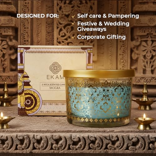 Image of EKAM 2025-26 Festive Fragrance Gift| Scented 3 Wick Candle| Mogra | Inspired by Stone Palace | 28-Hour Burn | Essential Oil Infused | Gift Box for Festive Celebrations, Weddings, Giveaways, etc.