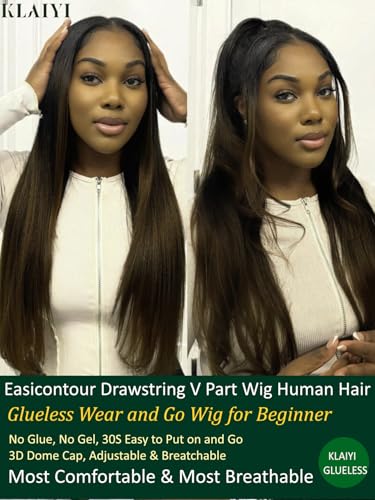 Image of KLAIYI Ombre Brown V Part Wig Yaki Straight Human Hair Upgrade U Part Wig with Dark Root Drawstring Glueless Chestnut Brown Full Head Clip in Half Wig No Leave Out Ready to Wear and Go Wig 150% 24Inch