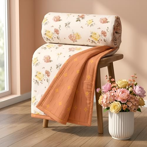 Image of HOMEKART Luxury Cotton Dohar Blanket for Single Bed | Ultra Soft Reversible AC Quilt | Floral Printed Lightweight Summer Blanket | 58x88Inches (Rose Aura)