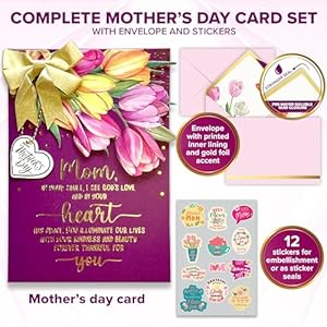 Decorably Gold Foiled 5x7in Individual Religious Mothers Day Cards for Mom with Vibrant Tulip Cutout, Gold Ribbon and Die-Cut Heart Charm, Card Set with Envelope and Stickers, Printed Message Inside Decorably Gold Foiled 5x7in Individual Religious Mothers Day Cards for Mom with Vibrant Tulip Cutout Gold Ribbon and Die Cut Heart Charm Card Set with Envelope and Stickers Printed Message Inside