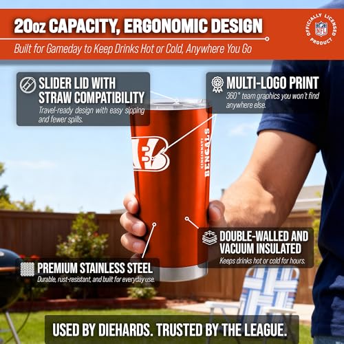 Image of Cincinnati Bengals NFL 20oz Stainless Steel Insulated Tumbler, Slider Lid | Officially licensed Bengals drinkware; double-wall vacuum construction; cupholder compatible; BPA-free; hand wash only