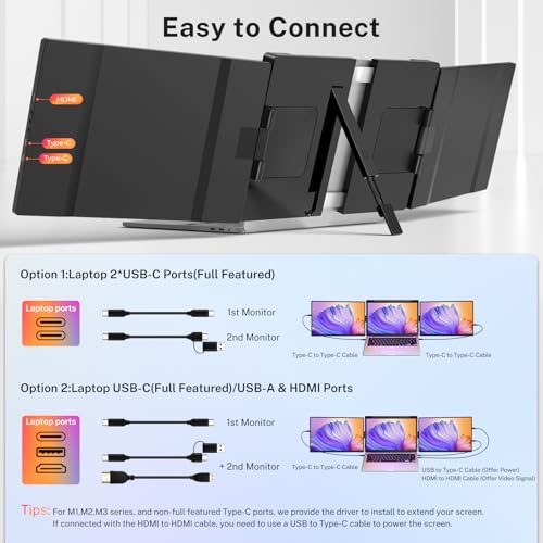 Image of Laptop Screen Extender, 2.5K Triple Laptop Screen Extender Monitor, Plug-Play 360 Rotation Multiple Screens for Laptop Fits 13-17 Inch Compatible with macOS, Windows, Chrome, Dex，Black