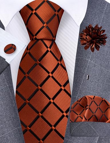 Image of GUSLESON 3.15 inch(8cm) Mens Tie and Lapel Pin Plaid Checkered Necktie Hankerchief Cufflinks Set for Men